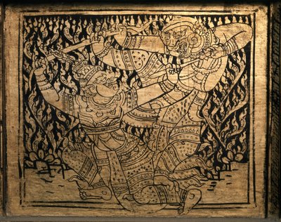 ARTE TAI: Um episódio do "Ramayana". Armário de livros, ao estilo de Banguecoque. de Thai School