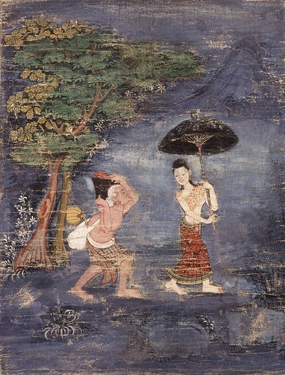 O idoso Brâmane Jujaka segue sua jovem esposa (pintando em tecido) de Thai School