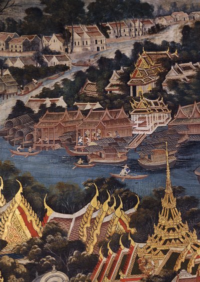 Vista, de, palácio real bangkok, a, chao phraya, rio, e, Tonburi, mostrando, madeira, tailandês, casas, e, tijolo, e, estuque, chinês, moradias, 1864, (wall, painting) de Thai School
