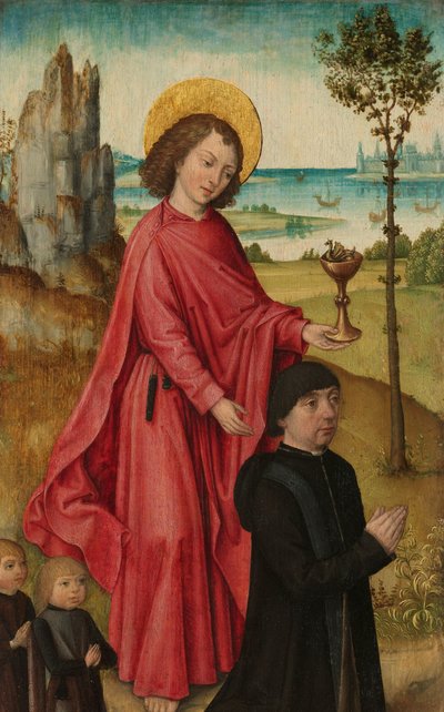 Um doador e seus dois filhos com São João Evangelista, asa interna esquerda de um tríptico de The (Bruges) Master of the Legend of Saint Ursula (workshop of)