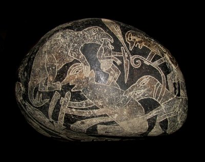 A pedra ica. Um dinossauro matando um homem. de The Ica stones.
