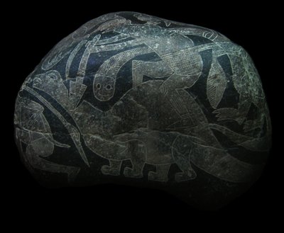 A pedra ica. Um homem matando um dinossauro. de The Ica stones.