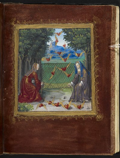 Stowe 955 f.13r Donzelas e corações alados, miniatura do 