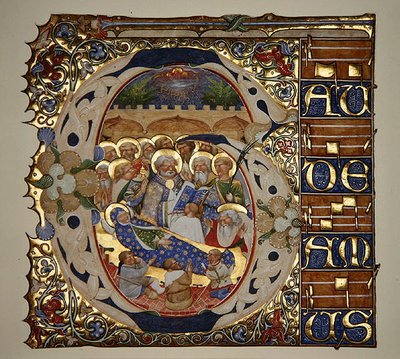 Marlay Cutting IT.18 Dormition of the Virgin, de um gradual de Santa Mattia em Murano, Veneza, c.1450 (folha de ouro e tempera em pergaminho) de The Master of the Murano Gradual