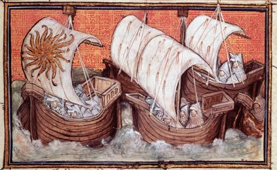 Harl 1319 f.18 A Partida da Frota de Ricardo II da Irlanda, História do Rei da Inglaterra, Ricardo II (velino) de The Virgil Master