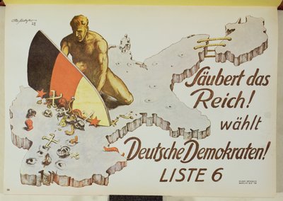 Cartaz que exorta os eleitores a limparem o Reich votando nos Democratas Alemães: "Saubert das Reich, wahlt Deutsche Demokraten". de Theo Matejko