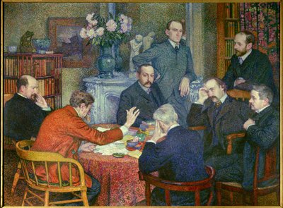 La Lecture (1903), encenada em torno de Emile Verhaeren (1855-1916), poeta socialista belga, pintor Cross, os escritores Maurice Maeterlinck, Andre Gide e Francis Viele-Griffin, o biólogo Henri Gheon, o médico Felix Le Dantec e Felix Feneon que fuma um cig de Théo van Rysselberghe