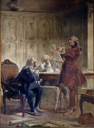 O naturalista e pretendente do Jardin du roi Georges-Louis Leclerc, Conde de Buffon (1707-1788) lê as primeiras folhas de sua história natural em frente ao botânico Bernard de Jussieu (1699-1777) e ao naturalista Edme-Louis Daubenton (1732-17 de Theobald Chartran