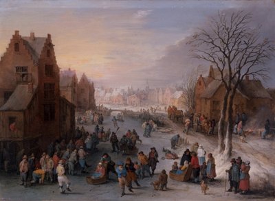 Uma Wintertownscape com numerosas figuras de Theobald Michau