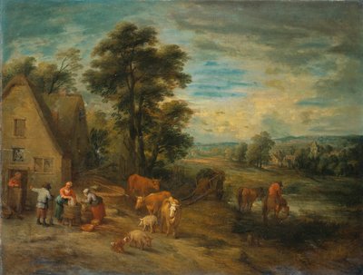 Paisagem com camponeses e gado por uma casa de campo de Theobald Michau