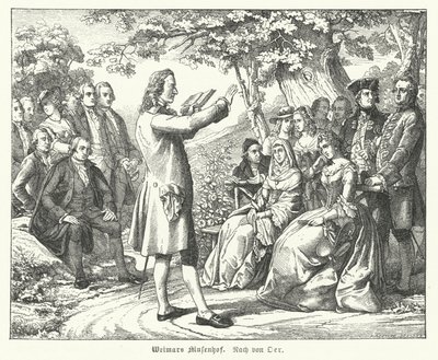 O Tribunal das Musas de Weimar: O poeta e dramaturgo alemão Friedrich Schiller lendo no Schloss Tiefurt, com Christoph Martin Wieland, Johann Wolfgang Goethe e Johann Gottfried Herder entre os ouvintes (gravura) de Theobald Reinhold von Oer