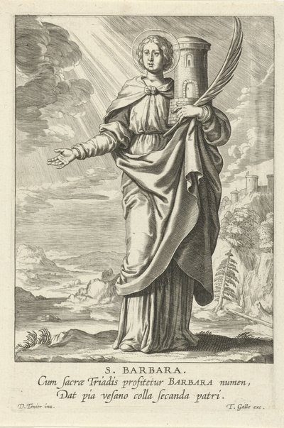 Santa Bárbara
S. Santa Bárbara (título sobre o objecto)
Santos femininos (título da série)
Speculum Illustratum Virginum (título da série) de Theodoor Galle