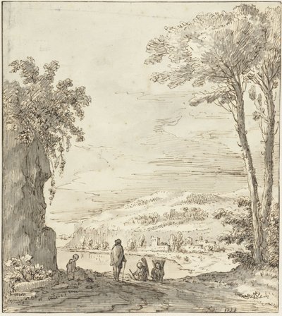 Paisagem fluvial italiana com caminhantes à beira de uma rocha de Theodoor Wilkens