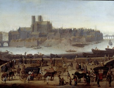 Le quai et le pont de la Tournelle à Paris Detail. Vista das docas e da ilha de La Cite. Pintura atribuída a Theodor Matham (1606-1676) 1646 Paris, musee Carnavalet de Theodor (attr. to) Matham