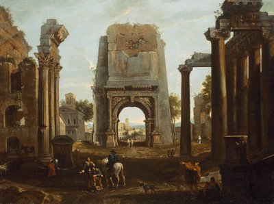 Um Capriccio de Ruínas Romanas com o Arco de Tito e Figuras (óleo) de Theodor (circle of) Helmbreker