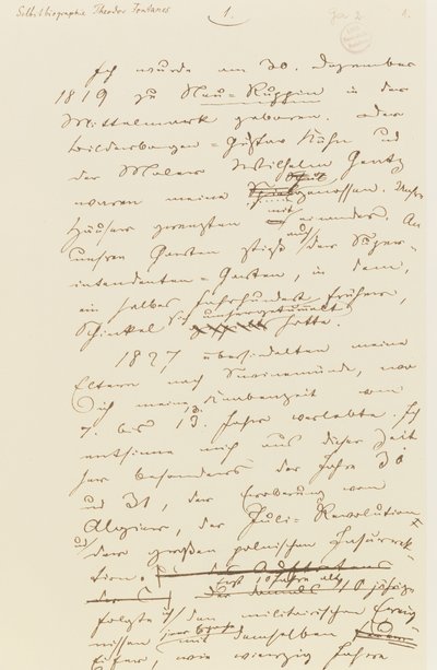 Página da autobiografia de Fontane (caneta e tinta sobre papel) de Theodor Fontane