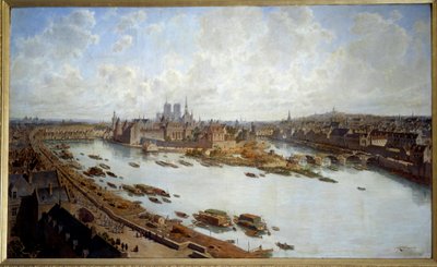 Vista panorâmica de Paris e da Ile de la Cite em 1588 dos telhados do Louvre, a Pont Neuf em construção Pintura de Theodore Joseph Hubert Hoffbauer (1839-1922) 1890 de Theodor Josef Hubert Hoffbauer