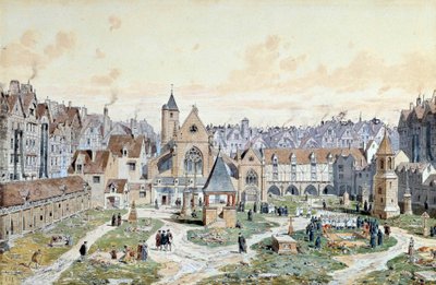 Vista do cemitério dos Inocentes em Paris, em 1550. Aquarela de Theodore Joseph Hubert Hoffbauer (1839-1922) Paris do século XIX, Musee Carnavalet de Theodor Josef Hubert Hoffbauer