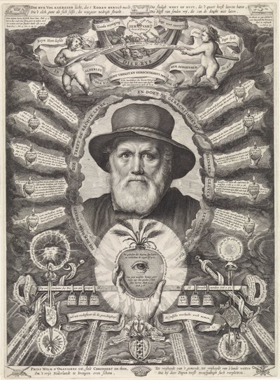 Retrato de Dirck Volckertsz. Coornhert em moldura alegórica de Theodor Matham