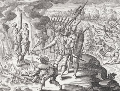 Execução de dois índios Payagua acusados de matar Juan de Ayolas (d.1537) de "Newe Welt und Americanische Historien" de Johann Ludwig Gottfried, publicado por Mattaeus Merian, Frankfurt de Theodor de (after) Bry