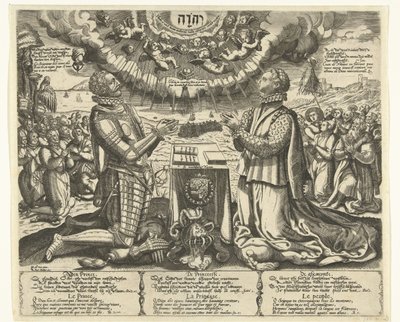 William of Orange e Charlotte of Bourbon ajoelhados na paisagem de Theodor de Bry (attributed to)