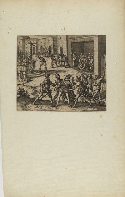 (Jacobus Almagrus a Ferdinando Pizarro Invincula Coniicitur in Carcere....) (do livro Americae, parte seis) de Theodor de Bry