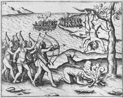 Mulheres amazónicas atacam homens pendurados em árvores (xilogravura) de Theodor de Bry