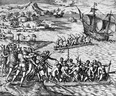 "Um ataque de índios", La Herradura publicado em 1930 (gravura) de Theodor de Bry