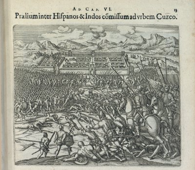 Batalha entre os espanhóis e os índios às portas de Cuzco, 1596. de Theodor de Bry