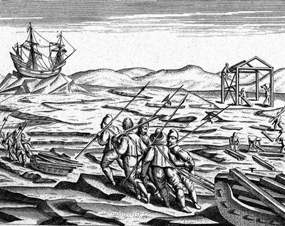 Construção de uma casa para o inverno no Pólo Norte, c.1600 (gravura) de Theodor de Bry