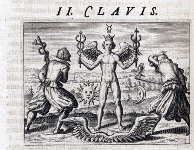 Composição simbólica da alquimia, um jovem nu, asa e coroa, brande dois caduceus, rodeados pela Lua e pelo Sol, voltados para homens armados de espadas portando uma águia e uma serpente - Gravura de Theodore de Bry (1528 -1598), para o tratado de alc de Theodor de Bry