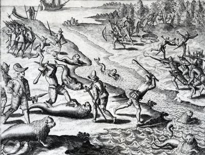 Expedição de Thomas Cavendish a partir de "Americae" de Theodor de Bry, c.1593 (gravura) de Theodor de Bry