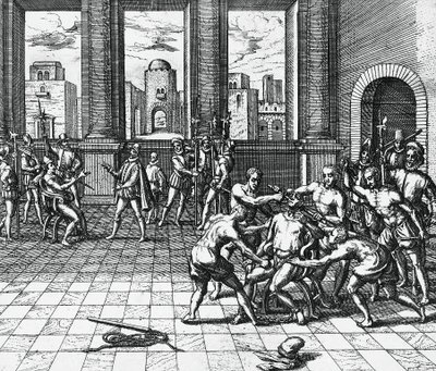 Imperador inca Atahualpa sendo garroteado pelas tropas de Pizarro, 26 de julho de Theodor de Bry