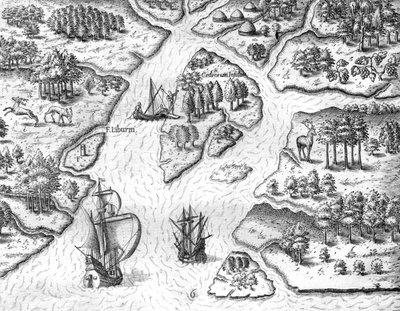 Jean Ribault ergue uma coluna com as armas do rei de França em Charlesfort de Theodor de Bry