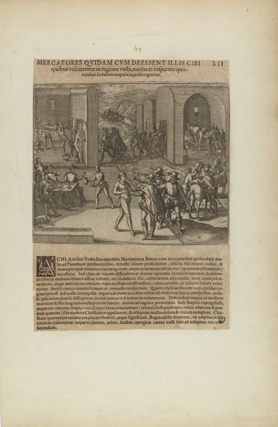 Mercatores Quidam cum Deessent Illis Cibi/Quibus Vescerentur in.... (do livro, Americae, parte cinco) de Theodor de Bry