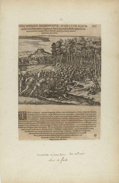 Moli Hispanos Adgrediuntur, Praefe Ctum Eorum/Cedunt: Tandeum.... (do livro Americae, quinta parte) de Theodor de Bry