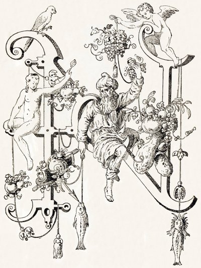 N - El sabio Natham - Alfabeto de T. de Bry (novo alfabeto artístico) de Theodor de Bry