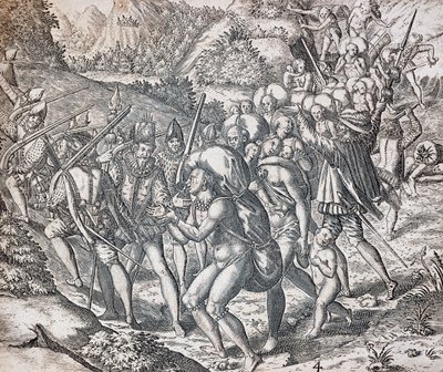 Nativos a serem embarcados em navios a serem levados para a escravatura em Sevilha, gravados por Theodor de Bry (1528-1598), Antilhas de Theodor de Bry