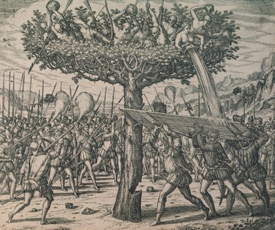 Nativos escondidos nas árvores lutando contra os conquistadores de Theodor de Bry