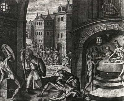 Sacerdote mata vítima de luta falsa e depois esfola corpo, México, gravura de Peregrinationes, de Theodor de Bry (1528-1598), América Central de Theodor de Bry