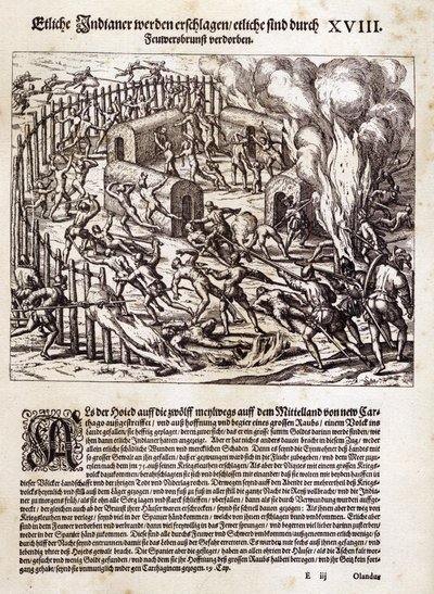 América do Sul: Conquistadores espanhóis queimam e saqueiam uma aldeia indígena de Theodor de Bry
