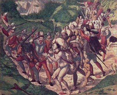 A Crueldade de Petrus de Calyce: escravos índios no Peru maltratados por soldados espanhóis (gravura) de Theodor de Bry