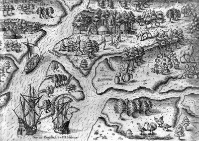 A expedição francesa aterra em Port Royal, na Florida de Theodor de Bry