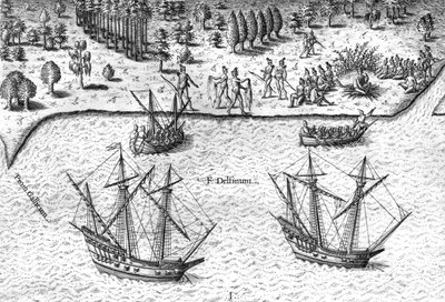 Os franceses desembarcam na costa da Florida de Theodor de Bry