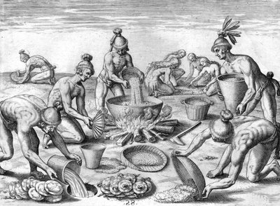 Índios timucuanos preparando um banquete de Theodor de Bry