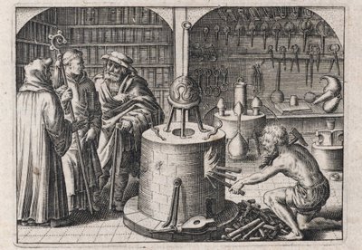 Três estudiosos conversam na oficina de alquimia, com forno e instrumentos - Gravura de Theodore de Bry (1528-1598), para o tratado de alquimia ""Tripus avreus, hoc est, Tres tractatus chymici selectissimi"" de Michael Maier (1569-1622) de Theodor de Bry