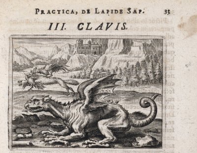 Um dragão, ao fundo, um lobo ladrão de galinhas, atacado por um galo - Gravura de Theodore de Bry (1528-1598), para o tratado de alquimia ""Tripus avreus, hoc est, Tres tractatus chymici selectissimi"" de Michael Maier (1569-1622) de Theodor de Bry
