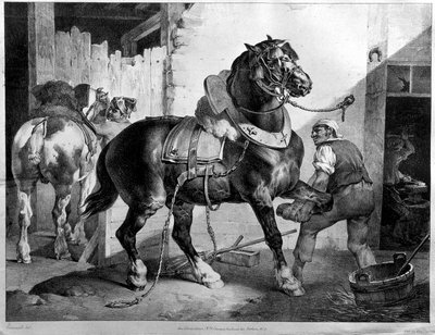 Montagem de um cavalo de tracção (litografia) de Theodore (after) Gericault