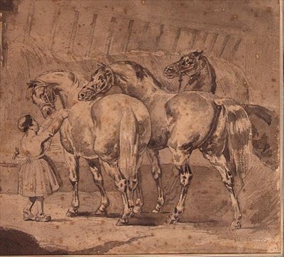 Menina alimentando cavalos num estábulo (lápis e lavagem cinzenta) de Theodore (attr. to) Gericault