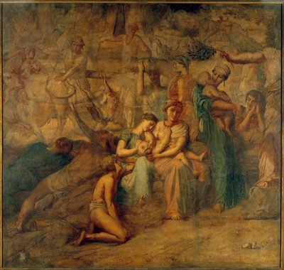 Paz Representação alegórica com mãe e filho e rebanhos. Pintura da escadaria da Cour des comptes por Theodore Chasseriau (1819-1856) Sol do século XIX. 3,4x3,6 m de Théodore Chassériau